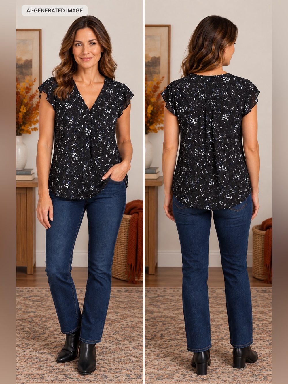 Reitmans Black Floral Speckle V-Neck Blouse